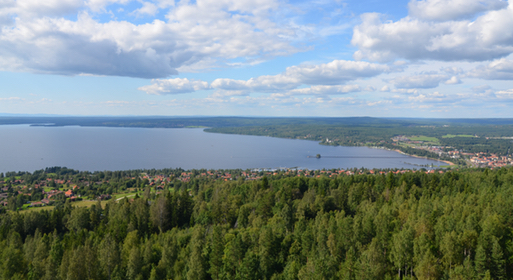 Utsikt från Vidablick över Siljan, sjön ligger stilla, det är blå himmel med några få moln. På marken syns hus och grön skog.