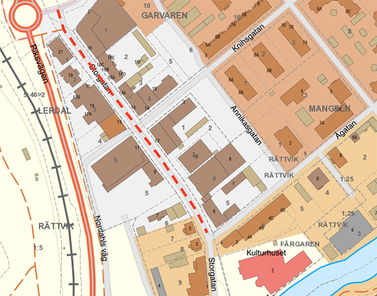 Karta med markering som visar var Storgatan stängs av.
