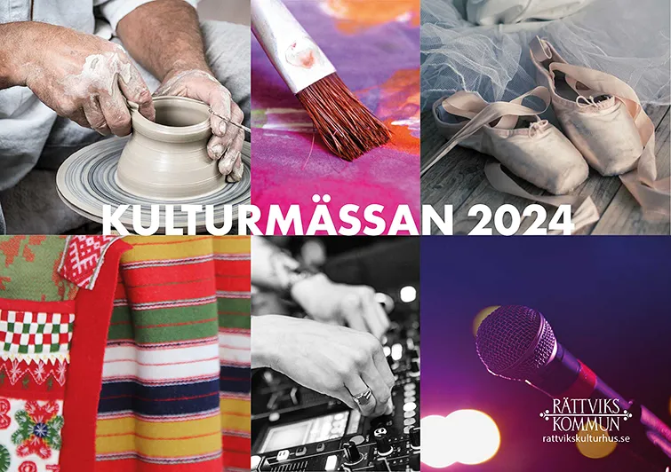 Kollage av sex bilder som har med kreativa näringar att göra. Text på kollaget "Kulturmässan 2024".