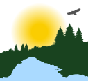 Illustration med vatten, skog, sol och en flygande fågel.