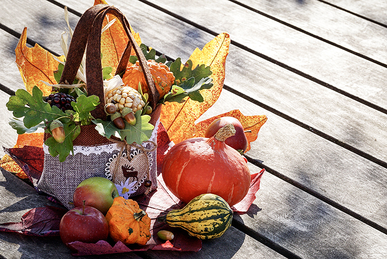 Korg med frukt, blad och grönsaker som hör hösten till. 