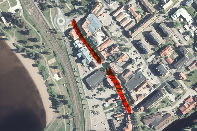 Flygbild där Storgatan som stängs av är markerad.