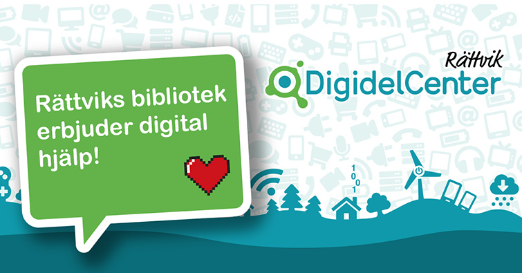 Pratbubbla som säger "Rättviks bibliotek erbjuder digital hjälp!". Logotyp för Rättviks DigidelCenter.