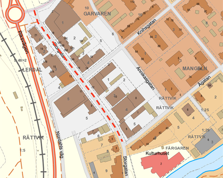 Karta med markering som visar var Storgatan stängs av.