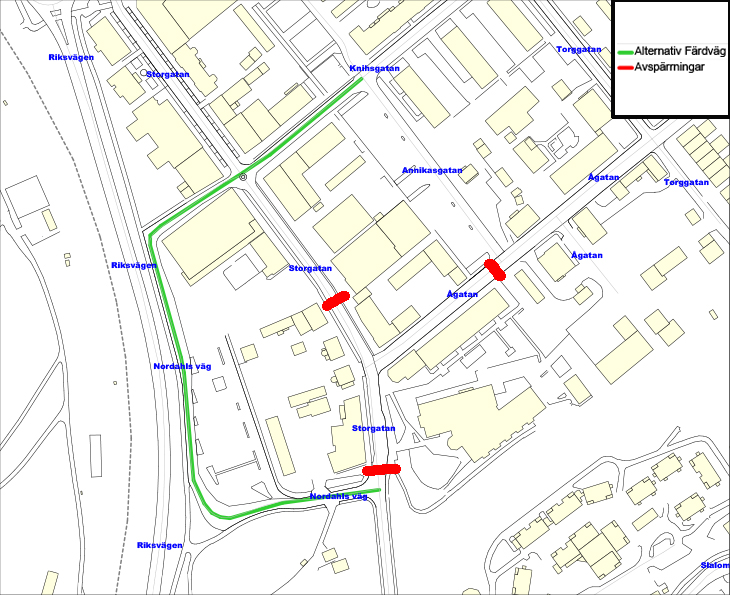 Bilden visar en karta över vägar i Rättviks centrum. Påverkade vägar är markerade. Grävningar kommer att påbörjas på Ågatan i Rättviks centrum. Under tiden arbetet pågår kommer gatan vara framkomlig för trafik. Efter att Ågatan är färdigställd påbörjas grävningarna på Storgatan vilket innebär att färdlederna mellan Storgatan/Ågatan spärras av och trafik hänvisas till Nordahls väg - Knihsgatan.