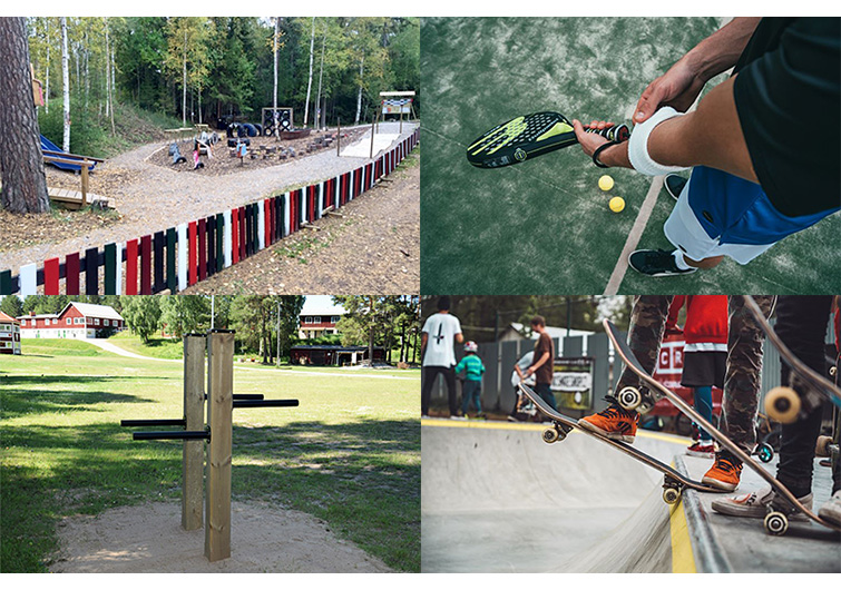 Collage av fyra bilder: Mörksuggeparken, padel, station dips på utegymet och närbild på skateboards.