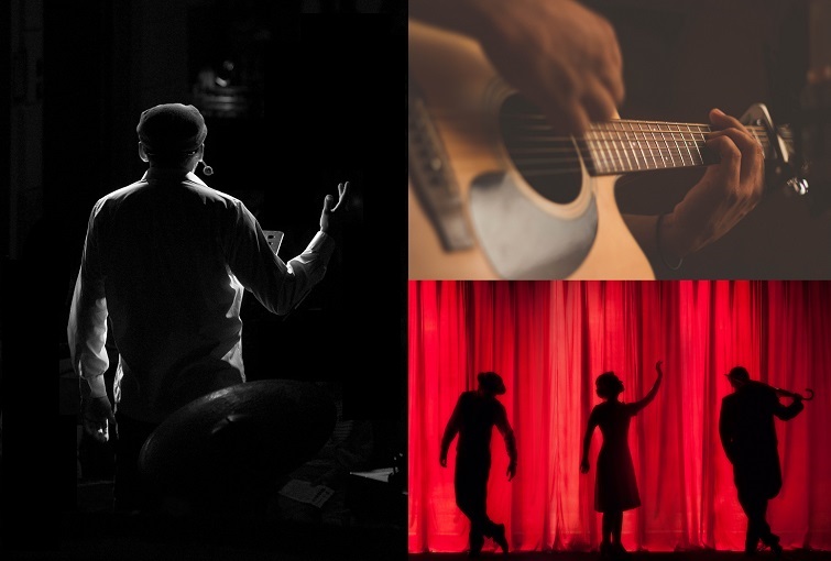 Person talar framför publik, tre personer dansar, hand som spelar på en gitarr.