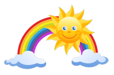 En tecknad glad sol med regnbågen i bakgrunden.