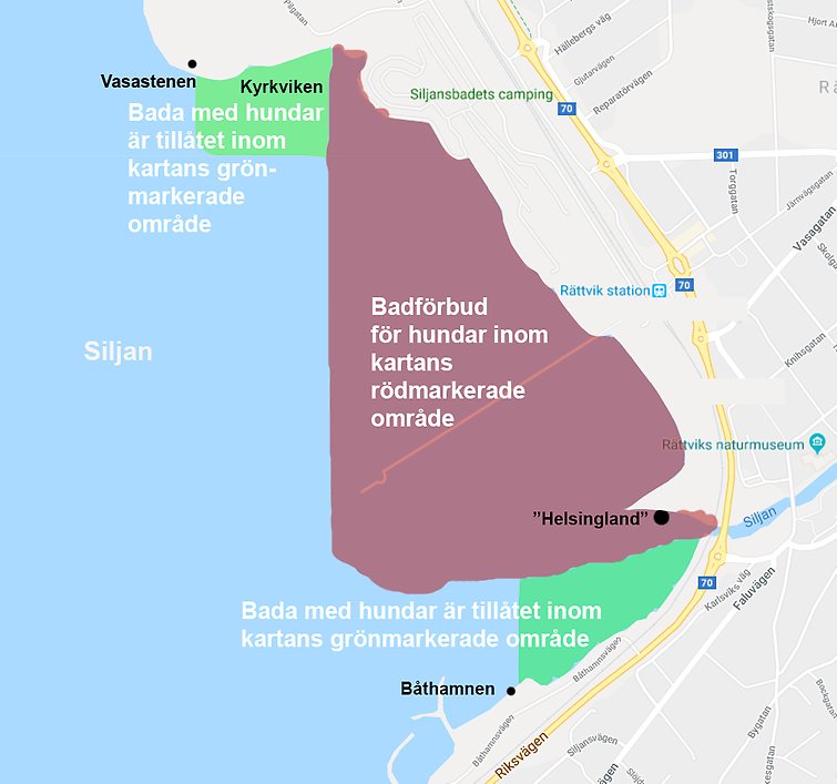 Karta som visar att badande med djur hänvisas till kyrkviken som är belägen mellan Siljansbadets camping och Vasastenen vid kyrkan. 