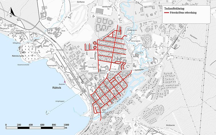 Karta med markerade sträckor i centrala Rättvik där inga andra motordrivna fordon än moped klass II får föras.