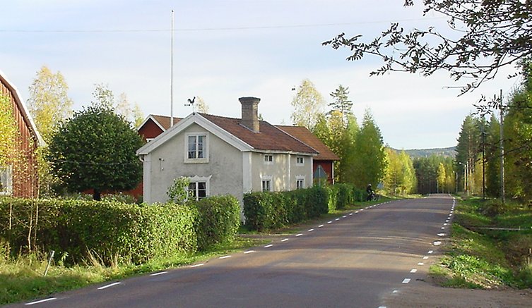 Asfaltsväg med vit hus bakom häck.