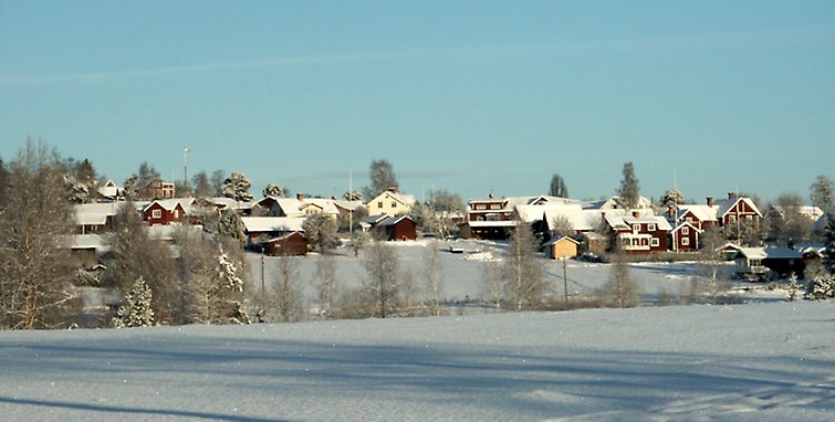 Delar av Vikarbyn, sett från Siljan, i vinterskrud.