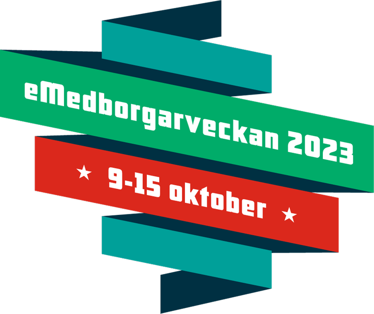 Logotyp för eMedborgarveckan med texten "eMedborgarveckan 2023 9–15 oktober".